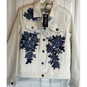 DG2 Diane Gilman Women's S Jean Jacket Ivory Blue Embroider Flowers Stretch New